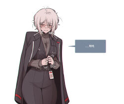 1girl belt black_coat black_pants black_vest blush breasts closed_eyes coat coat_on_shoulders faust_(project_moon) grey_sweater highres id_card korean_text large_breasts limbus_company long_sleeves messy_hair misg1111 open_mouth pants project_moon ribbed_sweater shirt short_sleeves simple_background solo speech_bubble steaming_body sweat_stain sweater translation_request vest wet wet_clothes wet_shirt white_background white_hair