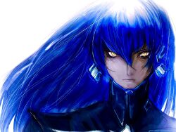 Rule 34 | 1boy, androgynous, blue hair, highres, long hair, looking at viewer, nahobino, protagonist (smtv), shin megami tensei, shin megami tensei v, simple background, very long hair, white background, yellow eyes