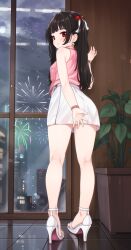 Rule 34 | 1girl, absurdres, ass, black hair, blush, comodox, covering ass, covering privates, fireworks, from behind, full body, hair bobbles, hair ornament, high heels, highres, indoors, kneepits, legs, long hair, looking at viewer, looking back, lulla (comodox), miniskirt, night, night sky, original, pink shirt, red eyes, shirt, shoes, skirt, sky, sleeveless, sleeveless shirt, solo, standing, star (sky), thighs, twintails, white shoes, white skirt, window