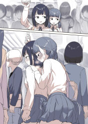 2girls absurdres ayanakitori bad_source bag blush bulge chikan collared_shirt dress_shirt erection erection_under_clothes futa_with_female futanari greyscale grinding heavy_breathing highres long_hair molestation monochrome motion_lines multiple_girls open_mouth original pleated_skirt poking_with_penis school school_bag school_uniform shirt shirt_tucked_in short_hair skirt steaming_body sweatdrop textless_version train_interior twintails
