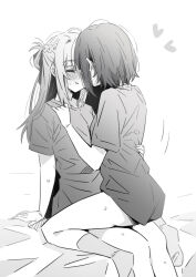 2girls blush closed_eyes commentary_request greyscale half_updo hand_on_another&#039;s_back hand_on_another&#039;s_shoulder heart highres long_hair lwmina70119 miyagi_shiori monochrome multiple_girls on_bed parted_lips sendai_hazuki shirt short_hair short_sleeves shuuniichido_classmate_wo_kau_hanashi sitting sitting_on_lap sitting_on_person socks sweat yuri