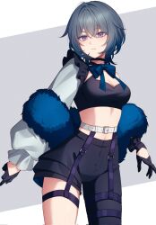 1girl belt black_gloves black_pants black_shirt black_shorts blue_bow blue_bowtie blue_hair bow bowtie closed_mouth crop_top gloves gradient_hair grey_eyes grey_hair grey_sleeves hair_between_eyes highres looking_at_viewer medium_hair midriff multicolored_hair navel original pants pochimaru_(marumaru_wanwan) shirt shorts sleeveless solo white_belt