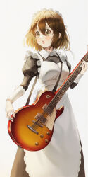 1girl :o absurdres apron black_dress brown_eyes brown_hair chinese_commentary commentary_request dress guitar highres hirasawa_yui holding holding_guitar holding_instrument instrument k-on! long_sleeves maid maid_apron maid_headdress puffy_long_sleeves puffy_sleeves short_hair simple_background standing user_purg4332 white_background