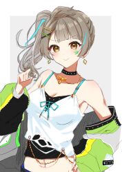 1girl absurdres breasts brown_hair chain cheek_tattoo choker closed_mouth commentary_request earrings green_jacket hair_ornament hairclip hand_on_own_hip hand_up highres ilkraz_aoi jacket jewelry light_blush long_sleeves looking_at_viewer love_live! love_live!_school_idol_project minami_kotori multicolored_hair navel necklace one_side_up open_clothes open_jacket shirt short_hair smile solo star_tattoo streaked_hair studded_choker tattoo torn_clothes torn_shirt upper_body white_background yellow_eyes