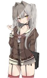 1girl alternate_hairstyle amatsukaze_(kancolle) black_choker black_panties brown_dress brown_eyes chigasaki_yukari choker commentary_request cowboy_shot dress garter_straps grey_hair grey_neckerchief hair_intakes highres kantai_collection lifebuoy_ornament long_hair long_shirt long_sleeves looking_at_viewer neckerchief panties red_thighhighs sailor_collar sailor_dress see-through_clothes see-through_dress short_dress side-tie_panties simple_background solo thighhighs two_side_up underwear white_background white_sailor_collar