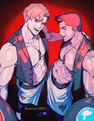 2boys abs ao_isami apron bara black_hair blonde_hair couple facial_hair from_above holding holding_tray large_pectorals lewis_smith looking_at_viewer male_focus multiple_boys muscular muscular_male navel pectorals profile seductive_smile sideburns_stubble smile spotlight stubble thick_eyebrows tray waist_apron waiter yamyam9006 yaoi yuuki_bakuhatsu_bang_bravern