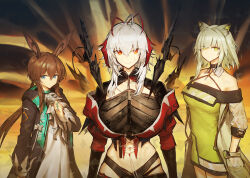 3girls alternate_breast_size amiya_(arknights) animal_ears antenna_hair arknights black_cloak blue_eyes breasts brown_hair cat_ears cat_girl cloak coat commentary_request crop_top demon_girl demon_horns dress green_dress green_eyes grey_coat horns huge_breasts jacket jewelry kal&#039;tsit_(arknights) large_breasts long_hair melon22 midriff multiple_girls navel orange_eyes rabbit_ears rabbit_girl red_jacket ring short_hair w_(arknights) white_dress white_hair wis&#039;adel_(arknights)