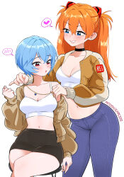 Rule 34 | 2girls, absurdres, ayanami rei, black choker, black skirt, blue eyes, blue hair, blue pants, breasts, brown jacket, choker, cleavage, closed mouth, collarbone, commentary, denim, elpipe 3000, hair between eyes, heart, heart necklace, highres, jacket, jeans, jewelry, long hair, medium breasts, multiple girls, necklace, neon genesis evangelion, open mouth, orange hair, pants, red eyes, short hair, simple background, sitting, skirt, souryuu asuka langley, spoken blush, spoken heart, standing, white background, yuri
