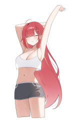 1girl absurdres ahoge akane_lize armpits arms_up bare_arms bare_shoulders black_shorts breasts camisole cleavage closed_eyes closed_mouth commentary crop_top crop_top_overhang cropped_legs dolphin_shorts facing_viewer g_godocbaek hair_ornament hairclip highres korean_commentary large_breasts long_hair midriff multicolored_hair navel red_hair see-through_silhouette shirt short_shorts shorts simple_background sleeveless sleeveless_shirt solo stellive stomach streaked_hair stretching thighs very_long_hair virtual_youtuber white_background white_shirt