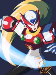 Rule 34 | 1boy, android, armor, black background, blonde hair, blue eyes, chest jewel, cowboy shot, energy sword, fontatoba, forehead jewel, helmet, highres, holding, holding sword, holding weapon, jewelry, long hair, male focus, mega man (series), mega man x (series), open mouth, ponytail, robot, robot ears, shoulder armor, signature, simple background, slashing, solo, solo focus, standing, sword, teeth, upper teeth only, very long hair, weapon, z saber, zero (mega man)