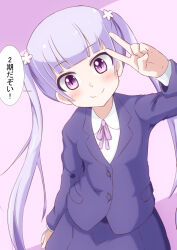 Rule 34 | !, 1girl, breasts, business suit, closed mouth, dot nose, feet out of frame, female focus, formal clothes, long hair, long sleeves, looking at viewer, new game!, purple eyes, purple hair, small breasts, smile, solo, standing, suit, suzukaze aoba, translation request, twintails, v