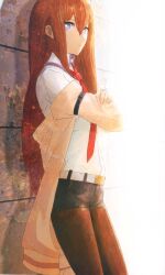 1girl absurdres against_wall arm_belt belt black_pantyhose black_shorts breasts brown_hair brown_jacket collared_shirt crossed_legs expressionless fingernails hair_between_eyes hair_over_shoulder highres huke jacket jacket_partially_removed leather_belt makise_kurisu necktie non-web_source official_art pantyhose purple_eyes purple_trim red_necktie ringed_eyes scan shirt shorts small_breasts solo square_pupils standing steins;gate white_background white_belt white_shirt