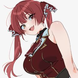 1girl bare_shoulders breasts fang heterochromia hololive houshou_marine large_breasts light_blush looking_at_viewer looking_down mulkkae33 red_hair red_vest sidelocks solo twintails vest white_background