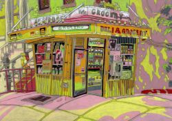 absurdres architecture building city convenience_store day door heartslob highres no_humans open_door original outdoors plant railing road scenery shadow shop sidewalk sign stairs street sunlight window