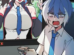 1boy 1girl bare_shoulders black_hair blue_hair blue_nails blue_necktie breast_press collared_shirt looking_at_viewer male_focus matsudappoiyo meme multicolored_hair necktie open_mouth scared sempon_(doppio_note) shirt short_hair short_sleeves short_twintails shoulder_tattoo tattoo twintails two-tone_hair utau white_shirt woman_scared_of_breasts_(meme) yokune_ruko