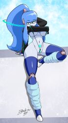 1girl android artist_name belly blonde_hair breasts crop_top doll_joints eyebrows_visible_through g-string glasses green_eyes gynoid joints large_breasts leg_warmers navel one_leg_arched open_mouth original power_symbol robot robot_ears robot_girl robot_joints sky thong underboob zedrin