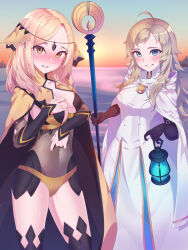 Rule 34 | 2girls, bay skecth, blonde hair, bodystocking, circlet, commission, cosplay, costume switch, fire emblem, fire emblem fates, gloves, gold cape, highres, jewelry, long hair, multiple girls, nintendo, octopath traveler, ophelia (fire emblem), ophelia (fire emblem) (cosplay), ophilia clement, ophilia clement (cosplay), panties, second-party source, smile, staff, underwear, yellow panties