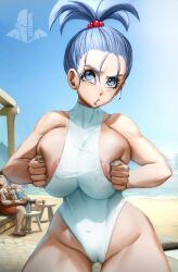 1girl 2boys :o absurdres alternate_costume alternate_hairstyle areola_slip bare_shoulders beach blue_eyes blue_hair blue_sky blush bottle bra_(dragon_ball) breasts breasts_squeezed_together cameltoe can competition_swimsuit dragon_ball dragonball_z eating elite_nappa food highres huge_breasts large_breasts lips multiple_boys muscular muscular_female novasayajingoku ocean one-piece_swimsuit sand shorts sky son_goten swimsuit table trunks_(dragon_ball) waterday