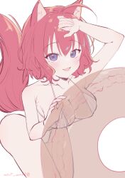1girl :d ahoge alternate_costume amairo_islenauts animal_ears ass bare_arms bare_shoulders bikini blue_eyes blush breasts cleavage collarbone commentary_request cowboy_shot curvy fang hair_between_eyes halterneck hand_on_own_forehead hands_up happy highres holding holding_swim_ring innertube large_breasts leaning_forward looking_at_viewer masaki_gaillard medium_hair open_mouth red_hair signature simple_background sketch skin_fang smile solo swim_ring swimsuit tail tail_raised thighs transparent_innertube tyama_taka upturned_eyes white_background white_bikini wolf_ears wolf_girl wolf_tail