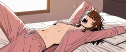 1girl absurdres arms_up bed blunt_bangs breasts brown_hair choppy_bangs closed_eyes commentary_request day dress_shirt highres indoors lying medium_breasts messy_hair navel on_back on_bed open_clothes open_mouth open_shirt original pants pillow pink_pants pink_shirt redcalypso shirt sidelocks small_breasts solo spread_legs squeans stretching teeth underboob waking_up yawning