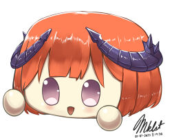 :d arknights artist_name bagpipe_(arknights) blush commentary dated highres horns maikeruexe open_mouth orange_hair purple_eyes remnant_cube_(wuthering_waves) signature simple_background smile solo white_background wuthering_waves