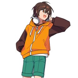 Rule 34 | 1boy, brown eyes, fang, green shorts, gwak jun-hyeong, hair between eyes, hand in pocket, headphones, headphones around neck, hood, hood down, hoodie, jacket, long sleeves, looking to the side, official art, open mouth, orange hoodie, orange jacket, shirt, short hair, shorts, simple background, smile, solo, white background, zombie high school