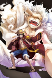 1boy abs alternate_form apeng210 black_hair blue_shorts clenched_hands closed_eyes coat coat_on_shoulders cross_scar facial_scar fighting_stance full_body fur-trimmed_shorts fur_trim gear_fifth grin hand_on_own_forehead hat highres laughing looking_at_viewer male_focus monkey_d._luffy multiple_views one_piece open_clothes open_mouth open_shirt red_coat red_shirt sandals sash scar scar_on_cheek scar_on_chest scar_on_face shirt shorts smile solo straw_hat toned toned_male transformation twitter_username white_hair white_shirt white_shorts yellow_sash