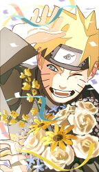 Rule 34 | 1boy, absurdres, blonde hair, blue eyes, bouquet, facial mark, facing viewer, flower, forehead protector, happy tears, highres, holding, holding bouquet, konohagakure symbol, long sleeves, looking to the side, male focus, naruto (series), naruto shippuuden, one eye closed, open mouth, pnpk 1013, ribbon, solo, spiked hair, tears, teeth, upper body, uzumaki naruto, whisker markings