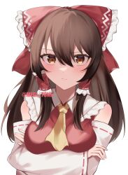 1girl :/ arms_under_breasts ascot blush bow breasts brown_eyes brown_hair closed_mouth commentary crossed_arms detached_sleeves frilled_bow frilled_hair_tubes frills hair_between_eyes hair_bow hair_tubes hakurei_reimu highres large_breasts long_hair looking_at_viewer megi_tone misskey.io_username red_bow ribbon-trimmed_sleeves ribbon_trim simple_background solo touhou white_background yellow_ascot