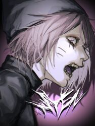 1boy animal_hat cat_hat facial_mark from_side hat highres looking_at_viewer male_focus medium_hair nyen_(randal&#039;s_friends) purple_background purple_hair randal&#039;s_friends shadow shirt simple_background solo teeth tongue wau_wau whisker_markings