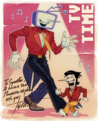 2boys ant_tenna belt black_belt black_hair black_pants closed_eyes commentary crt deltarune english_commentary english_text gloves highres inkzectz male_focus multiple_boys musical_note necktie object_head outline pants pointy_nose shadow shoes size_difference smile spamton_g._spamton sparkle spotlight tailcoat teeth tumblr_username white_gloves white_outline white_shoes yellow_necktie yellow_pants yellow_shoes