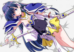 1girl armor black_leotard breasts commentary_request detached_sleeves earrings highres holding holding_sword holding_weapon jewelry leotard long_hair looking_at_viewer mizuhara_hazuki shoulder_armor skirt solo sword toku_sonchou toushin_toshi toushin_toshi_ii weapon