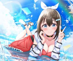 1girl absurdres bikini blue_eyes blue_sky blush breasts brown_hair choker cleavage cloud commentary_request hairband highres large_breasts legs looking_at_viewer love_live! love_live!_nijigasaki_high_school_idol_club love_live!_nijigasaki_high_school_idol_club_the_movie_-_finale lying official_alternate_costume on_stomach osaka_shizuku rainbow red_bikini rise_up_high!_(love_live!) sagradafamilial shoes sky sleeveless sleeveless_jacket smile solo striped_arm_warmers swimsuit v water water_drop white_hairband white_shoes