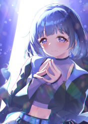 1girl absurdres amaneshu_vt backlighting belt black_jacket blunt_bangs blush commentary_request earrings gakuen_idolmaster hataya_misuzu highres idol_clothes idolmaster jacket jewelry light_smile looking_at_viewer midriff mole mole_under_mouth own_hands_together purple_eyes purple_hair short_hair solo steepled_fingers