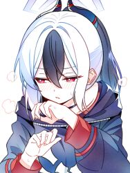1girl 2657314861 black_hair black_hoodie black_horns blue_archive blush commentary_request demon_horns ear_blush hair_between_eyes halo hands_up highres hood hoodie horns kayoko_(blue_archive) long_sleeves parted_lips ponytail red_eyes sidelocks simple_background solo steam sweat white_background white_hair