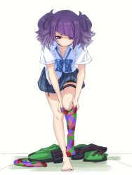 Rule 34 | 1girl, boots, breasts, choker, collared shirt, diagonal bangs, ear piercing, expressionless, green jacket, highres, idolmaster, idolmaster shiny colors, ito (itokayu), jacket, leaning forward, loose neck ribbon, medium breasts, miniskirt, multicolored thighhighs, neck ribbon, piercing, plaid clothes, plaid skirt, purple eyes, purple hair, purple nails, removing sock, ribbon, school uniform, shirt, short sleeves, single thighhigh, skirt, solo, studded choker, tanaka mamimi, thigh strap, thighhighs, twintails, unworn boots, unworn jacket, white background