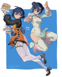 1girl alternate_costume alternate_hairstyle bead_bracelet beads belle_(zenless_zone_zero) black_shirt black_shoes black_shorts blue_background blue_hair border bracelet breasts china_dress chinese_clothes detached_pants double_bun dress green_dress hair_bun hashibiro_kou_(garapiko_p) high_heels highres holding holding_plate jewelry looking_at_viewer medium_breasts multiple_views orange_dress plate shirt shoes short_hair shorts smile thighhighs white_border white_thighhighs zenless_zone_zero