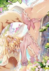 Rule 34 | 1girl, animal ears, arm support, ass, blonde hair, breasts, cropped shirt, day, flower, frilled shirt, frilled shorts, frills, from side, green eyes, hair between eyes, hair flower, hair ornament, hanging breasts, highres, huge breasts, indie virtual youtuber, kuzeri, large tail, leowyn (vtuber), long hair, looking at viewer, outdoors, pink shirt, pink shorts, second-party source, shirt, shorts, solo, tail, thighs, tiger ears, tiger girl, tiger stripes, tiger tail, top-down bottom-up, upside-down, virtual youtuber, water, waterfall, wet