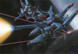 1980s_(style) artist_request battle beam_cannon beam_rifle box_art cable doven_wolf energy energy_beam energy_gun glowing gundam gundam_zz holding holding_weapon machinery mecha mecha_focus mobile_suit nebula neo_zeon no_humans official_art oldschool one-eyed pink_eyes promotional_art realistic retro_artstyle robot scan science_fiction solar_panel space space_habitat star_(sky) traditional_media weapon zero_gravity