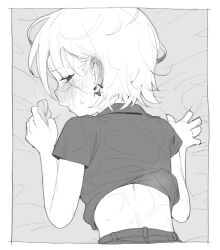 1girl blush clothes_lift erika_(kusa_mori) greyscale kusamori loli looking_at_viewer looking_back lying monochrome on_stomach original shirt_lift short_hair sketch solo sweat upper_body