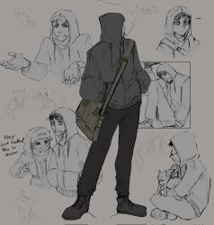Rule 34 | ..., 1boy, animal, arched back, bag, bags under eyes, black hair, black pants, box, cat, cigarette, clenched teeth, commentary, covered eyes, crossed legs, cry of fear, doodle inset, facial hair, grey background, grey hoodie, hands in pocket, hashtag-only commentary, hat, highres, holding, holding animal, holding cat, hood, hood up, hoodie, in box, in container, knee up, lisleepyam, looking back, mario, mario (series), mask, mouth mask, multiple views, mustache, narrowed eyes, nintendo, outstretched hand, pants, pointing, shoes, shoulder bag, shrugging, simon henriksson, sitting, smoking, sneakers, solo, super mario bros. 1, teeth