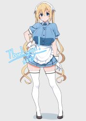 Rule 34 | 1girl, apron, blend s, blonde hair, blue eyes, blue shirt, blue skirt, blush, breasts, commentary request, full body, gloves, grey background, hair ornament, hand on own hip, headscarf, highres, hinata kaho, kamidan, large breasts, long hair, looking at viewer, maid apron, shirt, short sleeves, simple background, skirt, solo, standing, stile uniform, thank you, thighhighs, twintails, very long hair, white apron, white gloves, white thighhighs