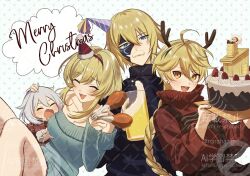2boys 2girls :d ^_^ aether_(genshin_impact) ahoge alcohol antlers apron artist_name bare_shoulders beer beer_mug black_mask black_sweater blonde_hair blue_eyes blue_sweater blush braid braided_ponytail breasts brother_and_sister brown_apron cake chicken_(food) chicken_leg christmas closed_eyes collarbone commentary_request cup dainsleif_(genshin_impact) dress drooling earrings fake_antlers foam_mustache food fruit genshin_impact hair_between_eyes hair_intakes hairband half_mask hand_on_another&#039;s_head hand_up hands_up hat holding holding_cup holding_food holding_tray horns jewelry long_hair long_sleeves looking_at_viewer lumine_(genshin_impact) mask mask_over_one_eye medium_breasts medium_hair merry_christmas mini_hat mini_santa_hat mouth_drool mug multiple_boys multiple_girls narahazime off-shoulder_sweater off_shoulder open_mouth paimon_(genshin_impact) party_hat purple_hat red_dress red_hat red_sweater reindeer_antlers santa_claus santa_hat short_hair_with_long_locks siblings sidelocks simple_background single_braid smile strawberry stud_earrings sweater tilted_headwear tray turtleneck turtleneck_sweater twitter_username watermark white_background white_hair yellow_eyes