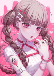 1girl :o arm_belt arm_tattoo blush bracelet braid breasts brown_hair chocolate commentary ear_piercing earrings hair_between_eyes hair_ornament harness heart heart-shaped_pupils heart_earrings heart_hair_ornament heart_ring heart_tattoo highres jewelry long_hair looking_at_viewer medium_breasts nail_polish original parted_lips piercing pink_background pink_eyes red_nails ring saijou_yurika shirt short_sleeves solo symbol-shaped_pupils tattoo twin_braids twintails upper_body valentine white_shirt