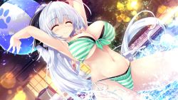 1girl armpits ayamori_leeruxu ball beachball bikini blush breasts carrying_overhead closed_eyes dutch_angle fence game_cg groin hair_ribbon kokorone=pendulum! large_breasts long_hair navel oshiki_hitoshi paw_print ponytail pool ribbon silver_hair smile splashing striped_bikini striped_clothes swimsuit tree water wet