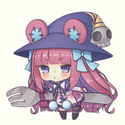 Rule 34 | 1girl, bear girl, chibi, dumpty alma, emil chronicle online, fork, frustrated, hair ribbon, hat, kupuru (hirumamiyuu), lowres, neck ribbon, purple eyes, purple hair, ribbon, white background, witch hat
