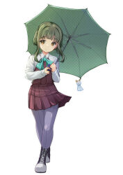 1girl absurdres aqua_bow aqua_bowtie bad_source bob_cut boots bow bowtie brown_eyes collared_shirt dress dress_shirt full_body green_hair green_umbrella grey_pantyhose halter_dress halterneck highres kantai_collection lace-up_boots pantyhose pleated_dress polka_dot polka_dot_umbrella purple_dress shirt short_hair short_hair_with_long_locks sidelocks simple_background smile solo takanami_(kancolle) teruterubouzu umbrella wavy_hair white_background white_shirt yashin_(yasinz)