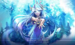 1girl air_bubble bare_arms bare_shoulders blue_dress blue_eyes blue_hair blue_theme blurry blurry_background breasts bubble chromatic_aberration closed_mouth commentary cookie_run coolaeng cowboy_shot curtained_hair day dress film_grain foreshortening frilled_dress frills highres holding holding_sword holding_weapon humanization long_hair looking_at_viewer reaching reaching_towards_viewer sea_fairy_cookie small_breasts solo standing straight-on strapless strapless_dress sword symbol-only_commentary underwater very_long_hair weapon