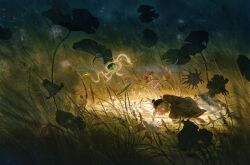 1other dark fish flower grass hair_bun highres licheng199 lying magic on_side original scenery solo underlighting