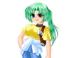 1girl arm_at_side blue_eyes blue_pants breasts closed_mouth clothes_around_waist eyes_visible_through_hair game_cg green_hair gun hand_in_pocket higurashi_no_naku_koro_ni holster large_breasts large_variant_set long_hair nose pants parted_bangs ponytail ryukishi07 shirt shirt_around_waist smug sonozaki_mion variant_set weapon white_shirt yellow_shirt